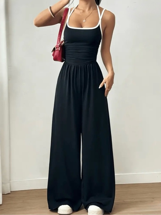Pants - Black Wide-Leg Jumpsuit with Contrast Trim
